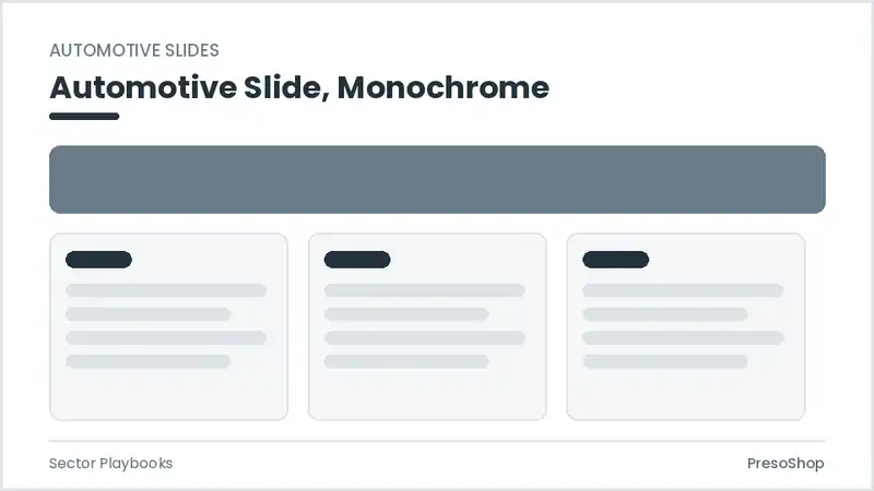 Editable PowerPoint automotive slide template in a monochrome treatment, built from recolourable native shapes for sector playbooks decks