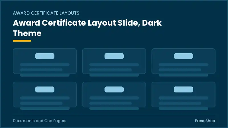 Editable PowerPoint award certificate layout slide template in a dark theme, built from recolourable native shapes for documents and one pagers decks
