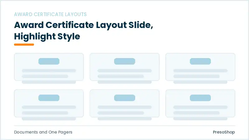 Editable PowerPoint award certificate layout slide template with an accented takeaway, built from recolourable native shapes for documents and one pagers decks