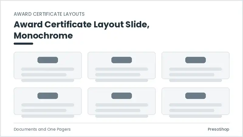 Editable PowerPoint award certificate layout slide template in a monochrome treatment, built from recolourable native shapes for documents and one pagers decks