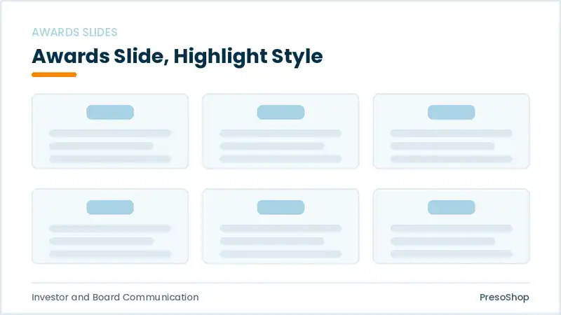 Editable PowerPoint awards slide template with an accented takeaway, built from recolourable native shapes for investor and board communication decks