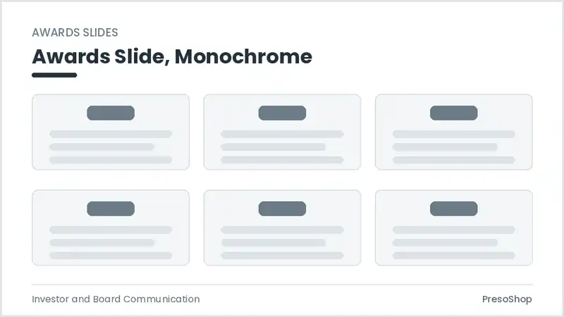 Editable PowerPoint awards slide template in a monochrome treatment, built from recolourable native shapes for investor and board communication decks