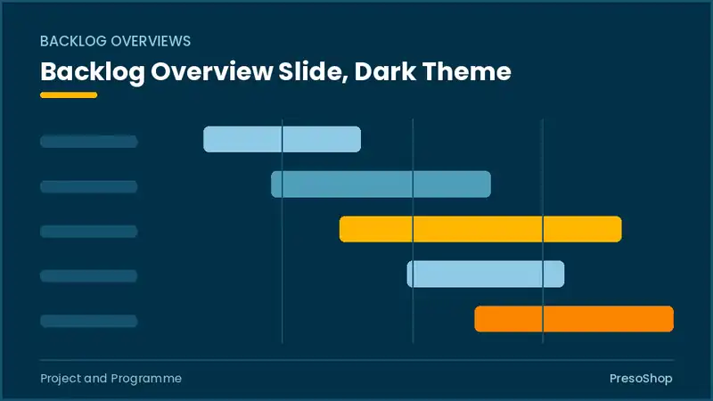 Editable PowerPoint backlog overview slide template in a dark theme, built from recolourable native shapes for project and programme decks