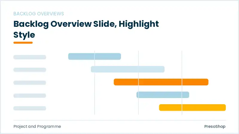 Editable PowerPoint backlog overview slide template with an accented takeaway, built from recolourable native shapes for project and programme decks