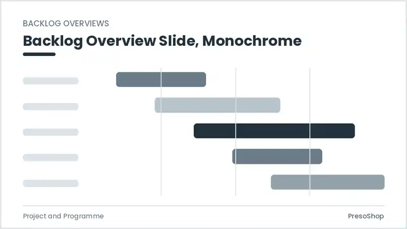 Editable PowerPoint backlog overview slide template in a monochrome treatment, built from recolourable native shapes for project and programme decks