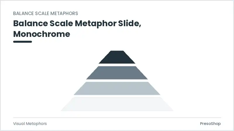 Editable PowerPoint balance scale metaphor slide template in a monochrome treatment, built from recolourable native shapes for visual metaphors decks