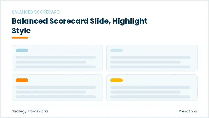 Editable PowerPoint balanced scorecard slide template with an accented takeaway, built from recolourable native shapes for strategy frameworks decks