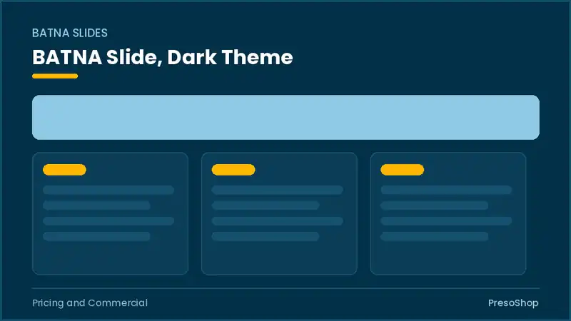 Editable PowerPoint batna slide template in a dark theme, built from recolourable native shapes for pricing and commercial decks