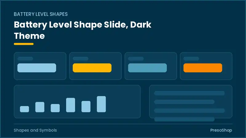 Editable PowerPoint battery level shape slide template in a dark theme, built from recolourable native shapes for shapes and symbols decks