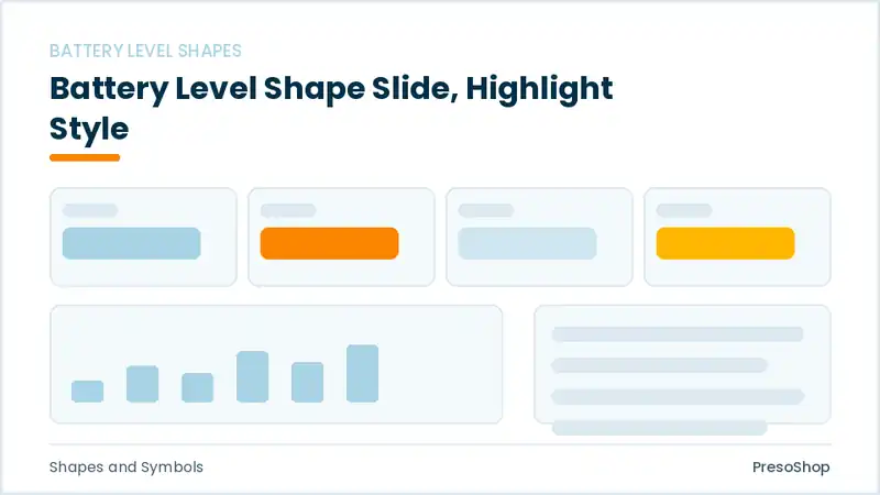 Editable PowerPoint battery level shape slide template with an accented takeaway, built from recolourable native shapes for shapes and symbols decks