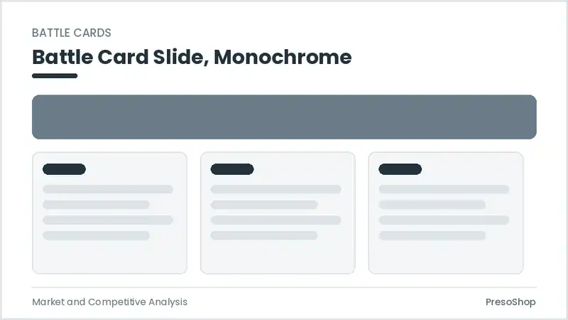 Editable PowerPoint battle card slide template in a monochrome treatment, built from recolourable native shapes for market and competitive analysis decks