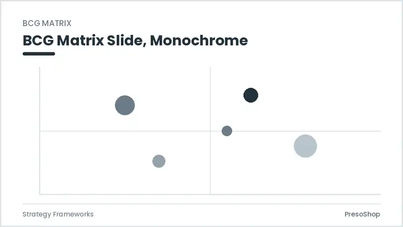 Editable PowerPoint bcg matrix slide template in a monochrome treatment, built from recolourable native shapes for strategy frameworks decks
