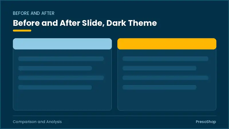Editable PowerPoint before and after slide template in a dark theme, built from recolourable native shapes for comparison and analysis decks