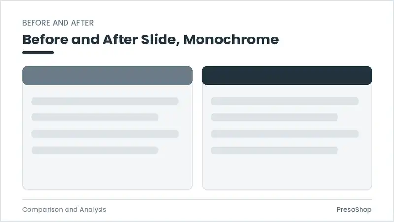 Editable PowerPoint before and after slide template in a monochrome treatment, built from recolourable native shapes for comparison and analysis decks