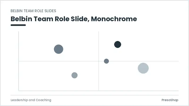 Editable PowerPoint belbin team role slide template in a monochrome treatment, built from recolourable native shapes for leadership and coaching decks