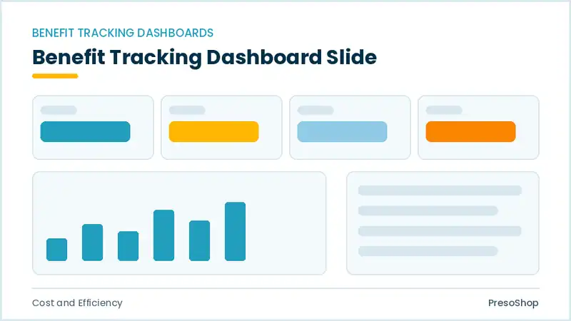 Editable PowerPoint benefit tracking dashboard slide template, built from recolourable native shapes for cost and efficiency decks