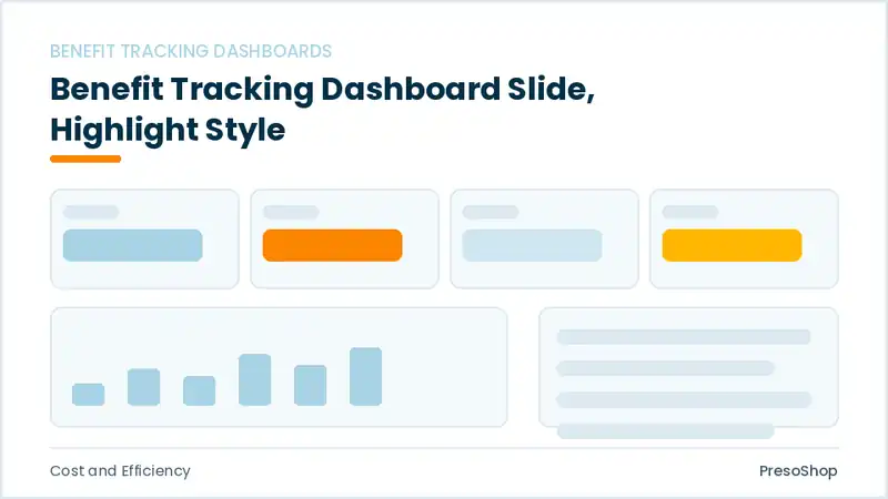 Editable PowerPoint benefit tracking dashboard slide template with an accented takeaway, built from recolourable native shapes for cost and efficiency decks