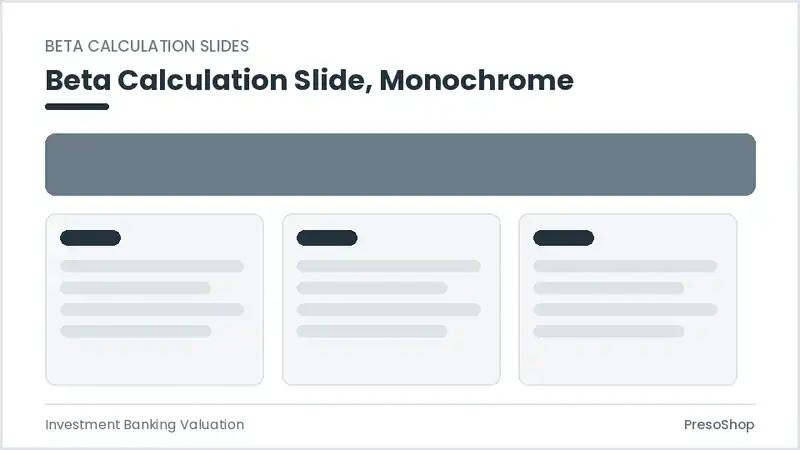 Editable PowerPoint beta calculation slide template in a monochrome treatment, built from recolourable native shapes for investment banking valuation decks