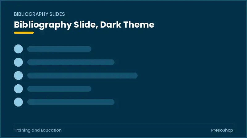 Editable PowerPoint bibliography slide template in a dark theme, built from recolourable native shapes for training and education decks