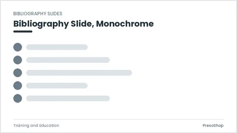 Editable PowerPoint bibliography slide template in a monochrome treatment, built from recolourable native shapes for training and education decks