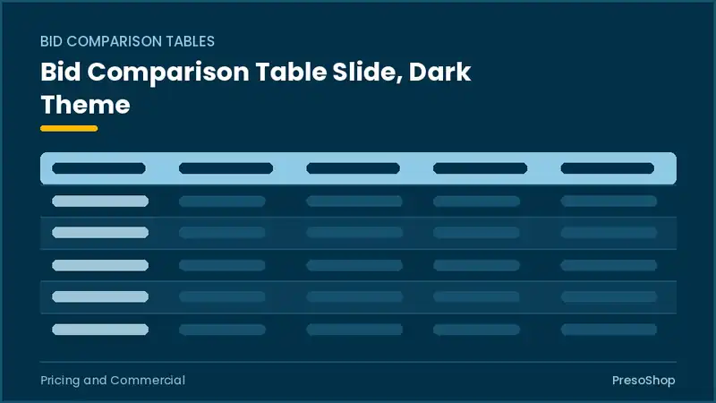 Editable PowerPoint bid comparison table slide template in a dark theme, built from recolourable native shapes for pricing and commercial decks