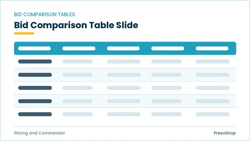 Editable PowerPoint bid comparison table slide template, built from recolourable native shapes for pricing and commercial decks
