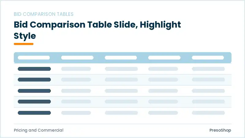 Editable PowerPoint bid comparison table slide template with an accented takeaway, built from recolourable native shapes for pricing and commercial decks