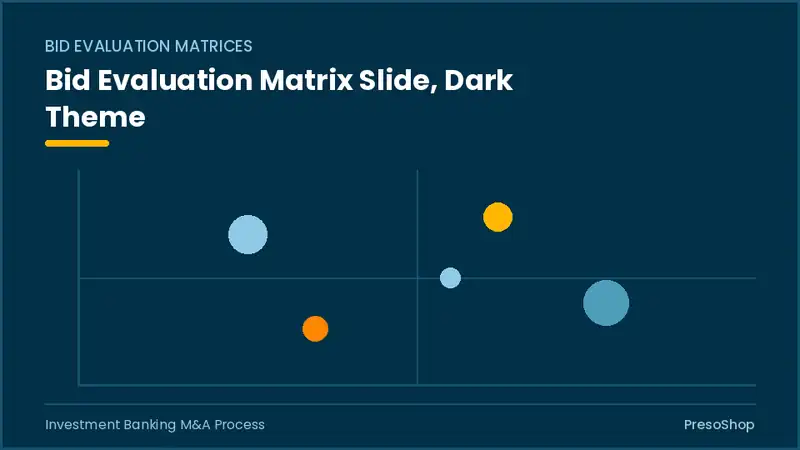 Editable PowerPoint bid evaluation matrix slide template in a dark theme, built from recolourable native shapes for investment banking m&a process decks