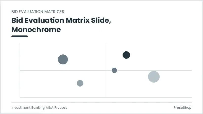 Editable PowerPoint bid evaluation matrix slide template in a monochrome treatment, built from recolourable native shapes for investment banking m&a process decks