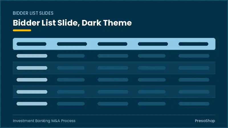 Editable PowerPoint bidder list slide template in a dark theme, built from recolourable native shapes for investment banking m&a process decks