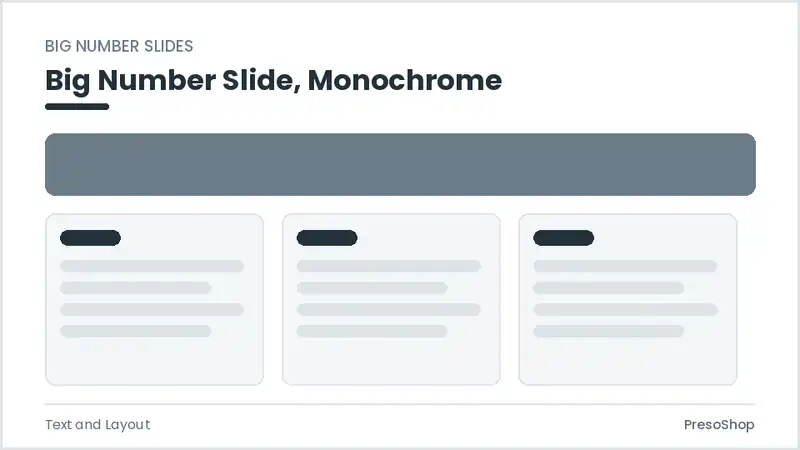Editable PowerPoint big number slide template in a monochrome treatment, built from recolourable native shapes for text and layout decks