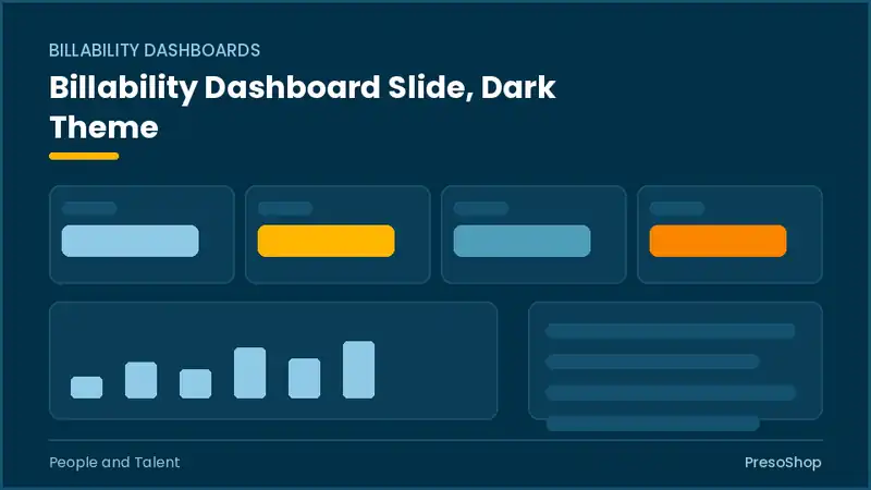 Editable PowerPoint billability dashboard slide template in a dark theme, built from recolourable native shapes for people and talent decks