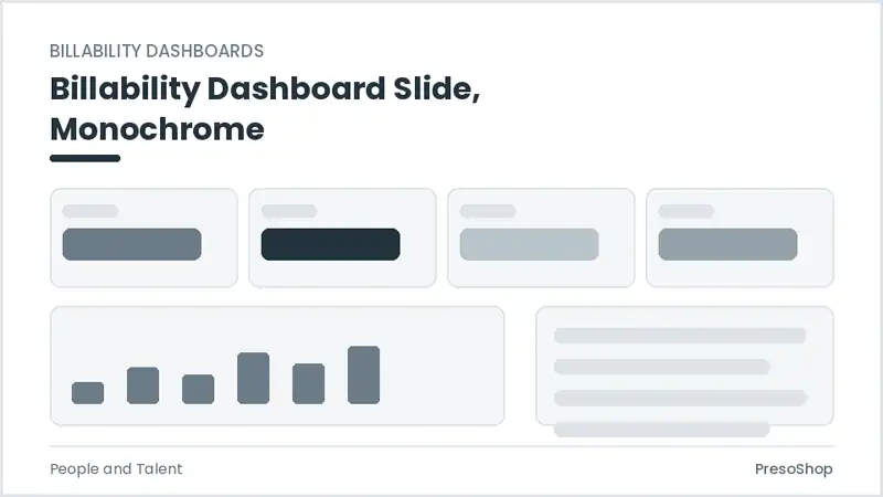 Editable PowerPoint billability dashboard slide template in a monochrome treatment, built from recolourable native shapes for people and talent decks