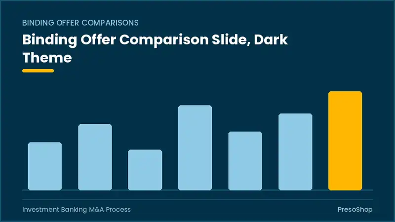 Editable PowerPoint binding offer comparison slide template in a dark theme, built from recolourable native shapes for investment banking m&a process decks