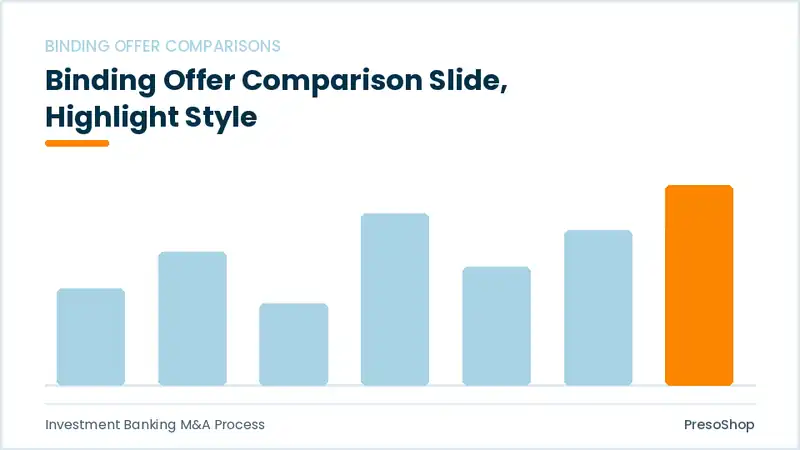 Editable PowerPoint binding offer comparison slide template with an accented takeaway, built from recolourable native shapes for investment banking m&a process decks