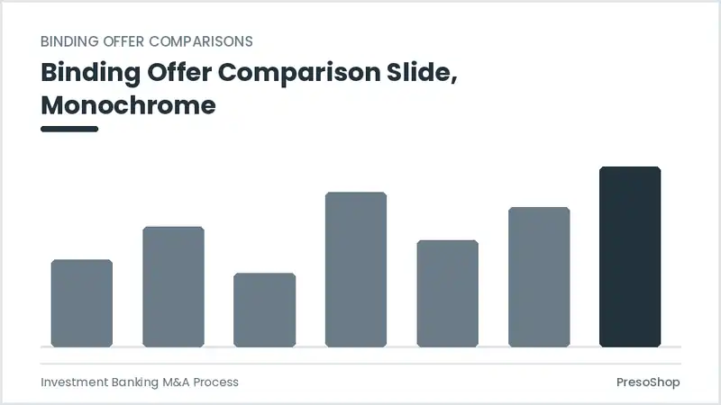 Editable PowerPoint binding offer comparison slide template in a monochrome treatment, built from recolourable native shapes for investment banking m&a process decks