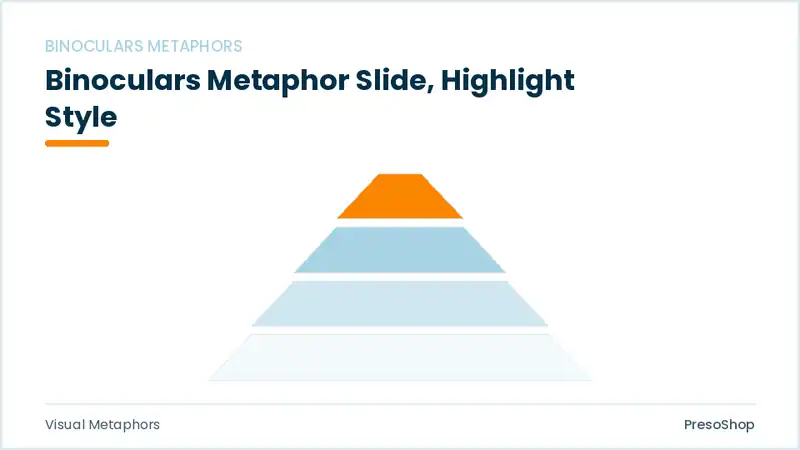 Editable PowerPoint binoculars metaphor slide template with an accented takeaway, built from recolourable native shapes for visual metaphors decks