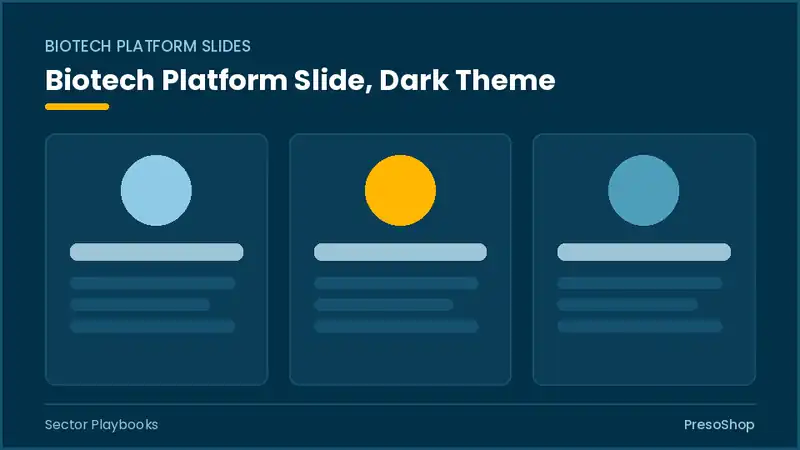 Editable PowerPoint biotech platform slide template in a dark theme, built from recolourable native shapes for sector playbooks decks