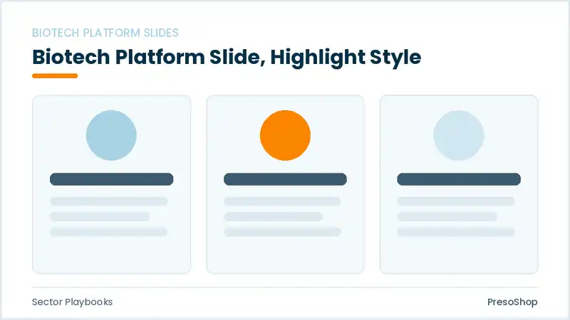 Editable PowerPoint biotech platform slide template with an accented takeaway, built from recolourable native shapes for sector playbooks decks