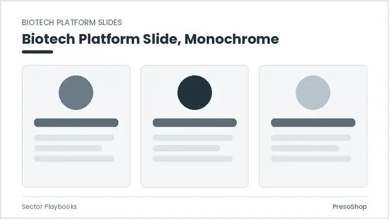 Editable PowerPoint biotech platform slide template in a monochrome treatment, built from recolourable native shapes for sector playbooks decks