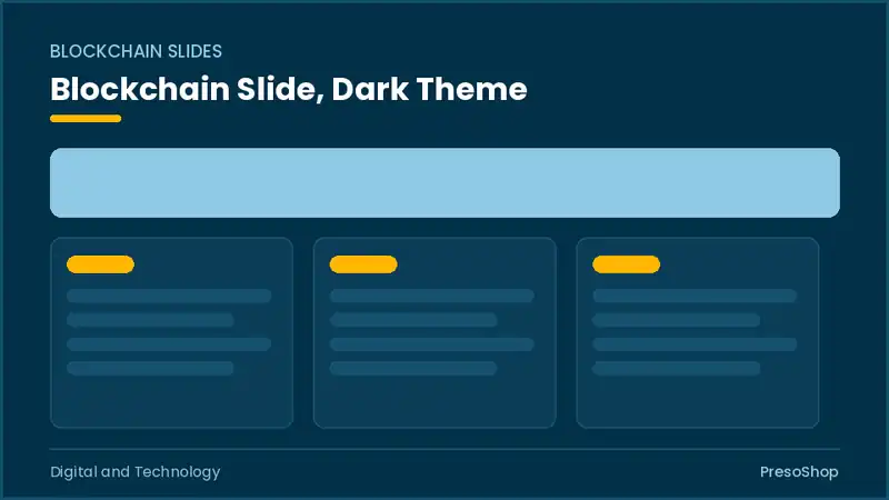 Editable PowerPoint blockchain slide template in a dark theme, built from recolourable native shapes for digital and technology decks