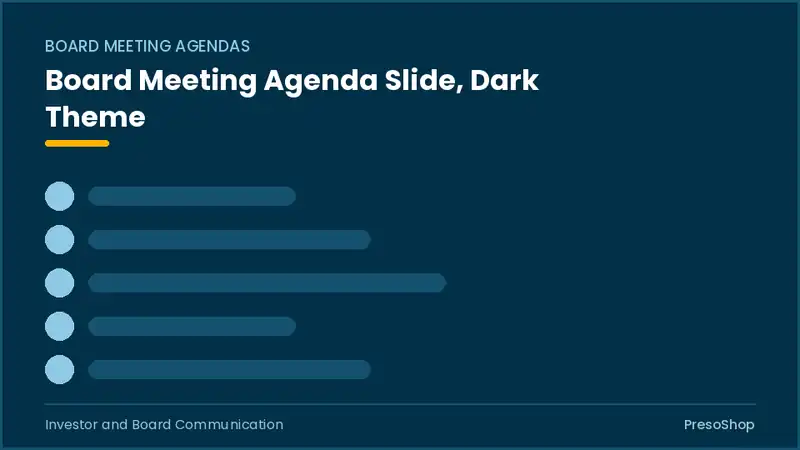 Editable PowerPoint board meeting agenda slide template in a dark theme, built from recolourable native shapes for investor and board communication decks
