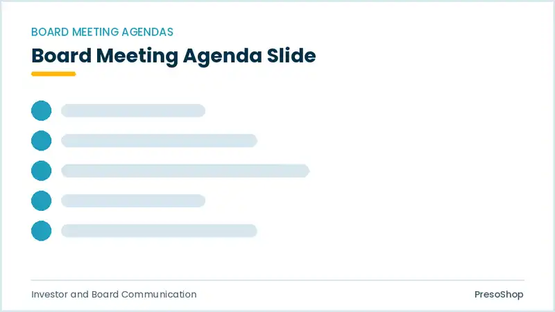 Editable PowerPoint board meeting agenda slide template, built from recolourable native shapes for investor and board communication decks