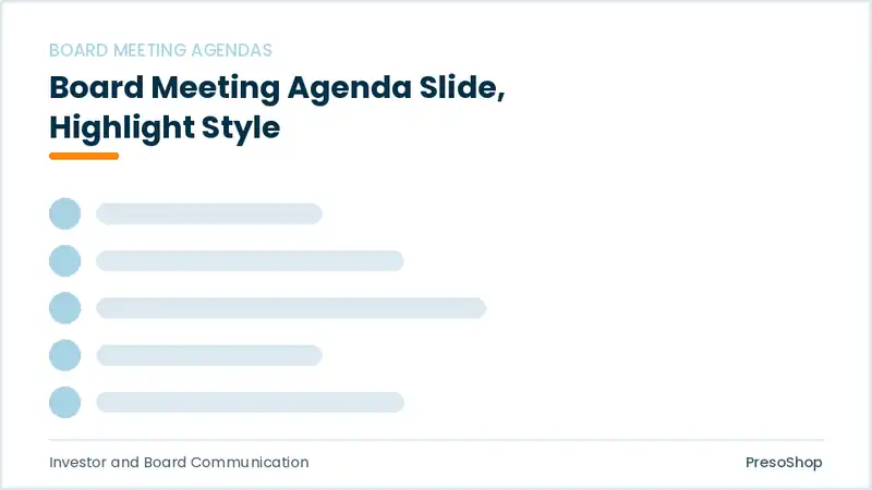 Editable PowerPoint board meeting agenda slide template with an accented takeaway, built from recolourable native shapes for investor and board communication decks