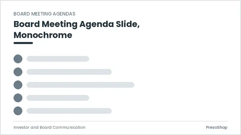 Editable PowerPoint board meeting agenda slide template in a monochrome treatment, built from recolourable native shapes for investor and board communication decks