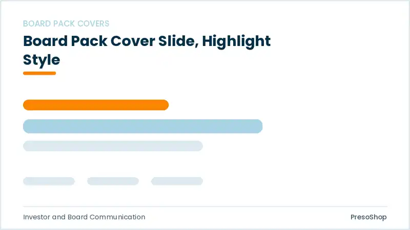 Editable PowerPoint board pack cover slide template with an accented takeaway, built from recolourable native shapes for investor and board communication decks