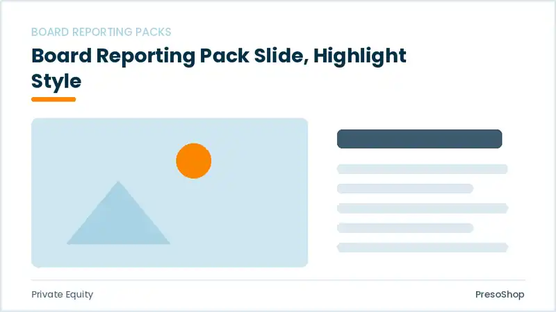 Editable PowerPoint board reporting pack slide template with an accented takeaway, built from recolourable native shapes for private equity decks
