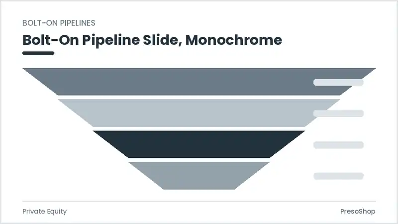 Editable PowerPoint bolt-on pipeline slide template in a monochrome treatment, built from recolourable native shapes for private equity decks