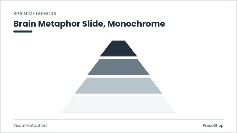 Editable PowerPoint brain metaphor slide template in a monochrome treatment, built from recolourable native shapes for visual metaphors decks