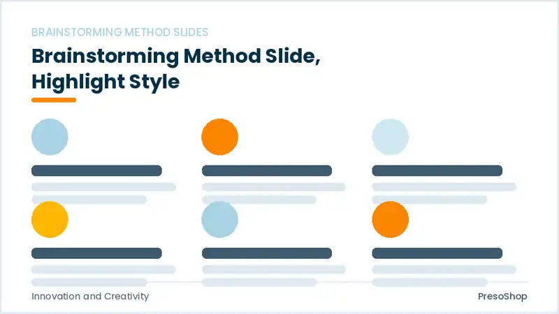 Editable PowerPoint brainstorming method slide template with an accented takeaway, built from recolourable native shapes for innovation and creativity decks